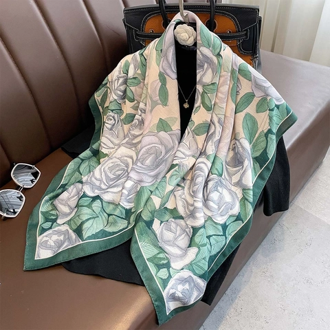 Elegant Floral Rose Print Large Square Scarf Satiny Polyester Satin Shawl Versatile Neck Wrap For Women