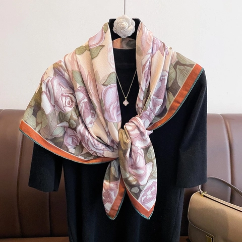 Elegant Floral Rose Print Large Square Scarf Satiny Polyester Satin Shawl Versatile Neck Wrap For Women