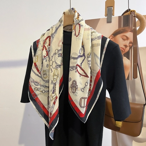 Elegante Foulard Quadrato Da Donna Stampa Equestre Vintage Motivo Catena Finimenti Per Cavalli Poliestere