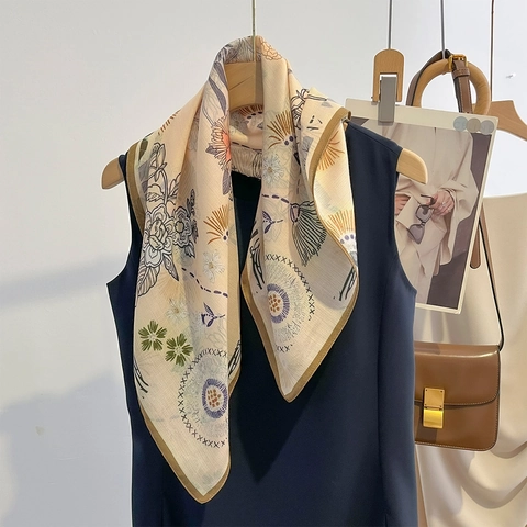 Elegant Floral Print Square Scarf Polyester Satin-Like Texture Vintage Neck Scarf For Women Office Lady Accessory