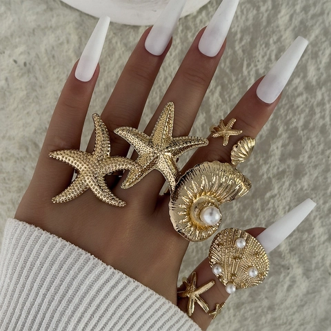 Anelli Aperti Stella Marina Conchiglia Lega Con Imitazione Perla Artificial Tema Oceano Gioielli Geometrici Esagerati Per Donne