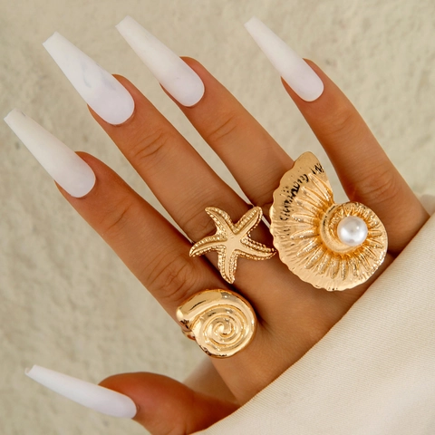 Anelli Aperti Stella Marina Conchiglia Lega Con Imitazione Perla Artificial Tema Oceano Gioielli Geometrici Esagerati Per Donne
