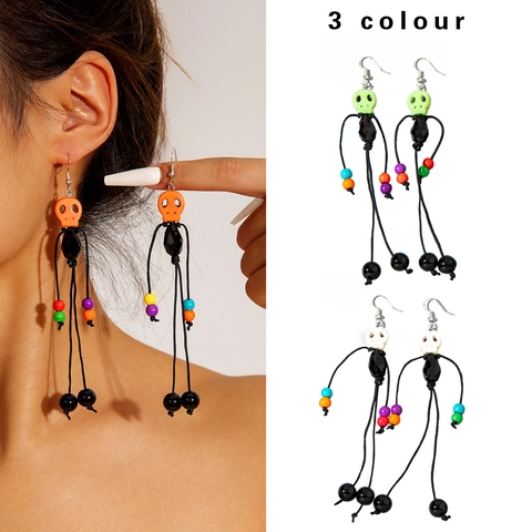 Halloween Skull Tassel Drop Earrings With Resin Beads And Polyester Cord Long Spooky Novelty Jewelry For Women