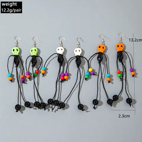 Halloween Skull Tassel Drop Earrings With Resin Beads And Polyester Cord Long Spooky Novelty Jewelry For Women