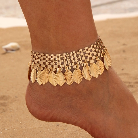 Alloy Goldene Boho Blatt Münze Künstliche Perle Fußkettchen Vintage Strand Fußschmuck Für Frauen Statement Verstellbar