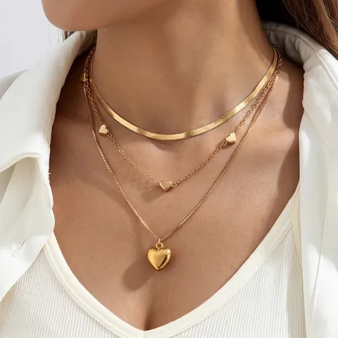 Collier Multi Rangs En Alliage Avec Pendentif Coeur Chaîne Serpent Tendance Bijoux De Cou Réglables Pour Femmes