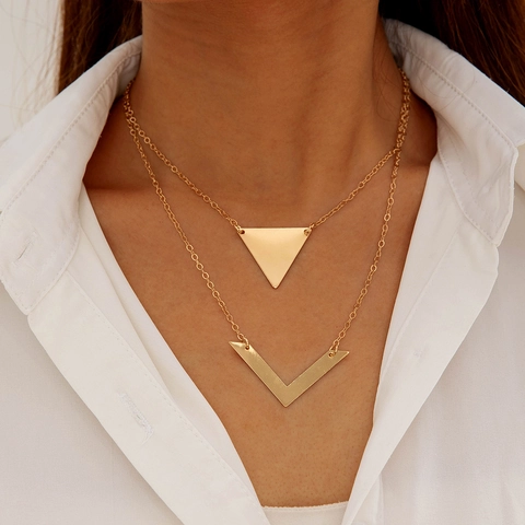 Double Layered Necklace Alloy Geometric Triangle V-Shape Pendant Minimalist Elegant Modern Jewelry For Women