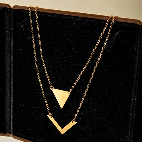 Double Layered Necklace Alloy Geometric Triangle V-Shape Pendant Minimalist Elegant Modern Jewelry For Women