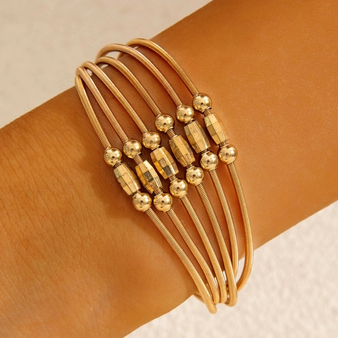 Multi-Layered Wrap Bracelet Gold Metal Coil With Magnetic Clasp Geometric Beads Stackable Minimalist For Women