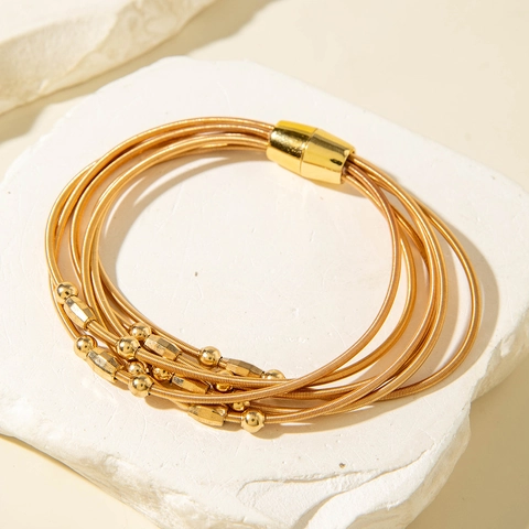 Multi-Layered Wrap Bracelet Gold Metal Coil With Magnetic Clasp Geometric Beads Stackable Minimalist For Women