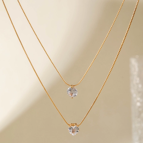 Collier Multi Rangs Cuivre Plaqué Or Zircone Cubique Pendentif Cœur Rond Chaîne Clavicule Bijoux Minimalistes Femmes
