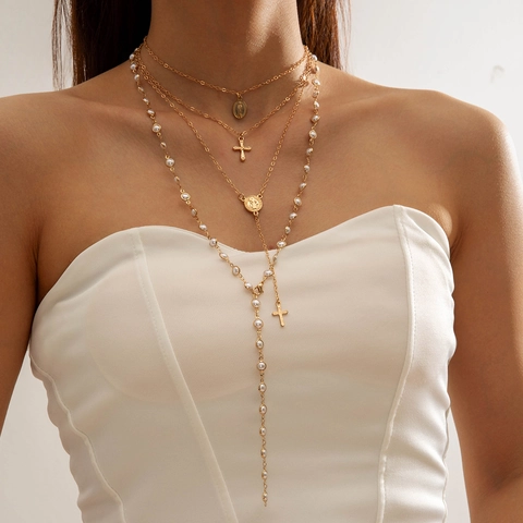 Collana A Y Stile Bohem Per Donne Lega Cristalli Colorati Perla Artificiale Croce Malocchio Pendente Multistrato Gioielli