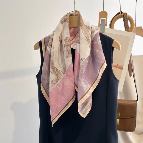 Square Scarf Elegant Floral Print Color Blocking Polyester Cotton Linen Feel Breathable Lightweight Soft Wraps For Women