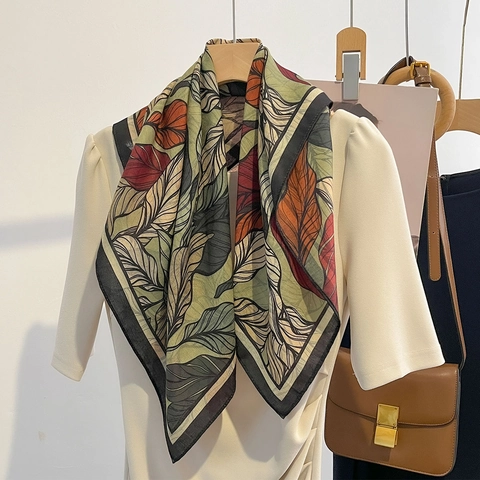 Foulard Quadrato Stile Francese Poliestere Trama Raso Stampa Foglie Botaniche Leggero Moda Vintage Donne