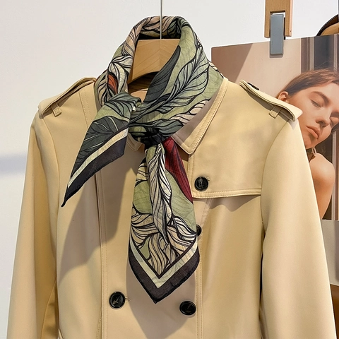 Foulard Quadrato Stile Francese Poliestere Trama Raso Stampa Foglie Botaniche Leggero Moda Vintage Donne