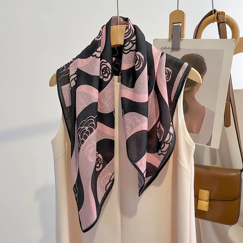Women Elegant Square Scarf Rose Floral Print Polyester With Cotton Linen Feel Versatile Necktie Head Wrap Accessory