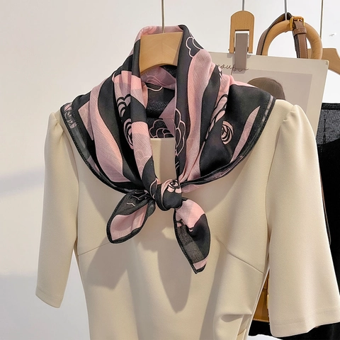 Women Elegant Square Scarf Rose Floral Print Polyester With Cotton Linen Feel Versatile Necktie Head Wrap Accessory