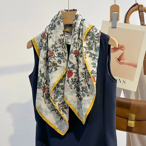 Floral Print Square Scarf Polyester Satin Like Elegant Neck Head Decor Wrap For Women Fashion Retro Commuter Accessory