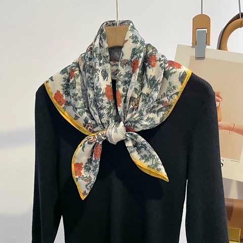 Floral Print Square Scarf Polyester Satin Like Elegant Neck Head Decor Wrap For Women Fashion Retro Commuter Accessory