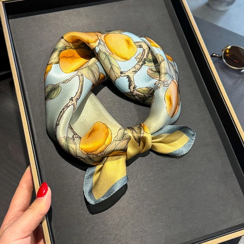 Pure Mulberry Satin Square Scarf For Women Retro Chinese Style Persimmon Bird Print Elegant Neck Neckerchief
