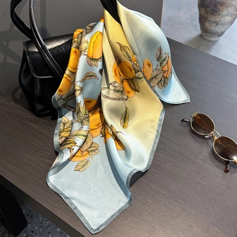 Pure Mulberry Satin Square Scarf For Women Retro Chinese Style Persimmon Bird Print Elegant Neck Neckerchief