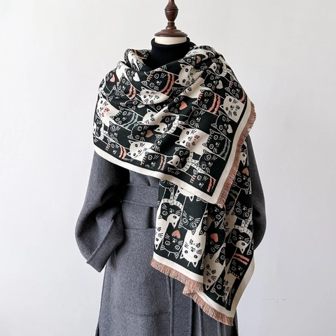 Sciarpa Da Donna Con Motivo Gatto Imitazione Cashmere Scialle Caldo Spesso Con Frange Scaldacollo Morbido Inverno