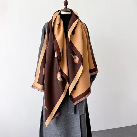 Sciarpa Con Stampa Uccelli Imitazione Cashmere Grande Scialle Caldo Ispessito Lungo Avvolgente Con Nappine Per Donna Inverno