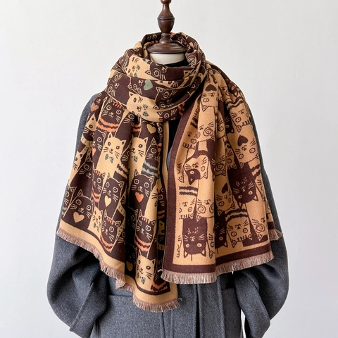Sciarpa Da Donna Con Motivo Gatto Imitazione Cashmere Scialle Caldo Spesso Con Frange Scaldacollo Morbido Inverno