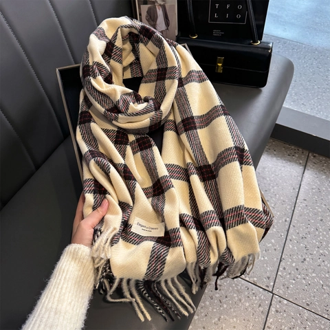 Elegant Plaid Tassel Scarf For Women Winter Warm Imitation Cashmere Soft Long Large Wrap Shawl Geometric Grid Pattern Fashion Neck Wear