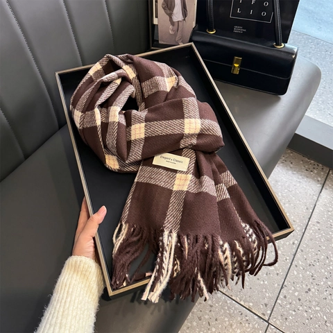 Elegant Plaid Tassel Scarf For Women Winter Warm Imitation Cashmere Soft Long Large Wrap Shawl Geometric Grid Pattern Fashion Neck Wear