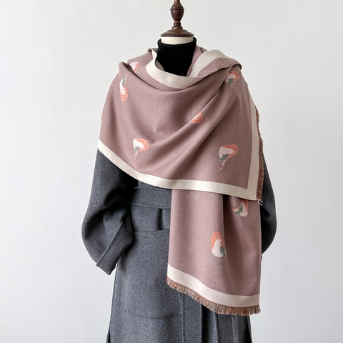 Sciarpa Con Stampa Uccelli Imitazione Cashmere Grande Scialle Caldo Ispessito Lungo Avvolgente Con Nappine Per Donna Inverno