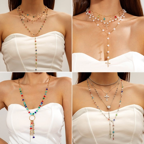 Collana A Y Stile Bohem Per Donne Lega Cristalli Colorati Perla Artificiale Croce Malocchio Pendente Multistrato Gioielli