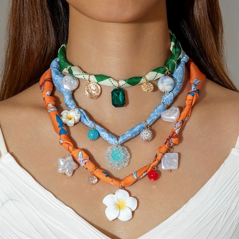 Vintage Bohemian Scarf Necklace For Women With Colorful Satin Like Polyester Fabric And Alloy Cross Sun Shell Pendants