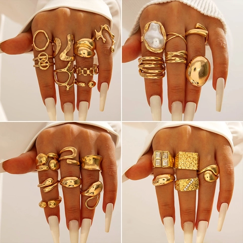 Bagues Empilables Minimalistes Alliage Fausse Künstliche Perle Géométrique Creux Ouvert Réglable Bijoux Style Vintage Accessoire Femmes