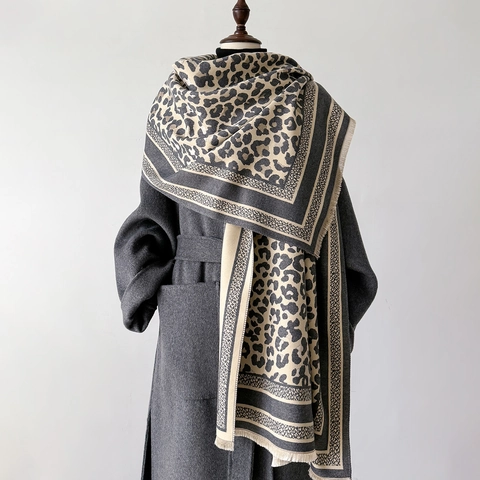 Sciarpa Invernale Con Stampa Leopardata Imitazione Cashmere Scialle Lungo Caldo Con Nappine Moda Versatile Da Donna
