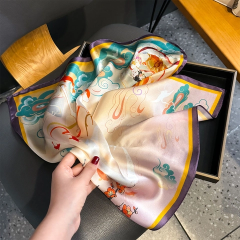 Elegant Dunhuang Mural Print Pure Mulberry Satin Square Scarf Vintage Chinese Style Neck Head Scarf Accessory For Women