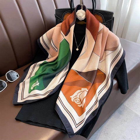 Eleganter Damen Quadrathit Schal Polyester Satin Geometrischer Rosendruck Großer Schal Wickeltuch Weicher Halsschal