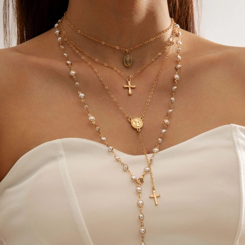 Vintage Multi Layered Iron Necklace For Women Gold Silver Plated Imitation Pearl Starfish Cross Religious Medal Pendant Y Shaped Tassel Chain Jewelry