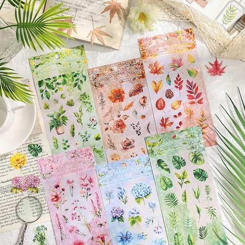 Flower Room Series Vintage Plant PET Stickers Floral Leaves Watercolor Decorative Journaling Scrapbooking Art Materials
