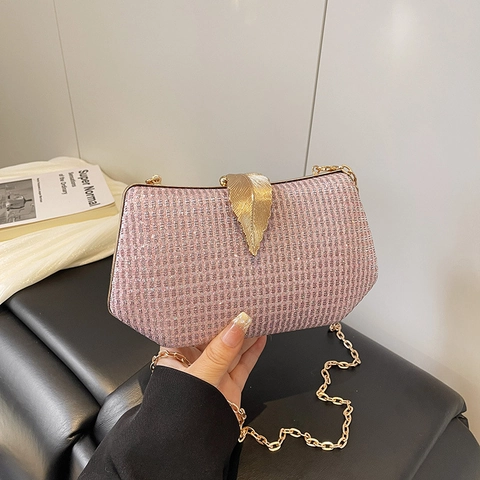 Women Evening Clutch Bag Shimmer Glitter PU Leather Metal Leaf Clasp Hard Shell Chain Crossbody Purse Party Banquet Wedding