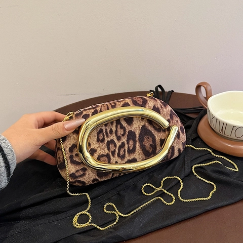 Women Leopard Print Evening Clutch Bag Suede Velvet Box Handbag With Metal Handle And Chain Strap Retro Party Purse