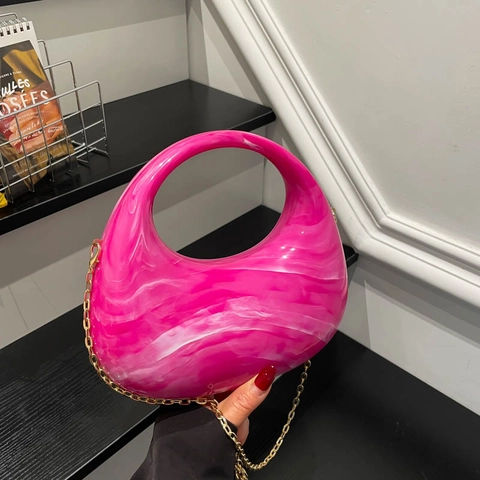 Borsa A Tracolla In Acrilico A Mezzaluna Da Donna Motivo Marmo Finitura A Specchio Borsa Da Sera Con Catena In Metallo