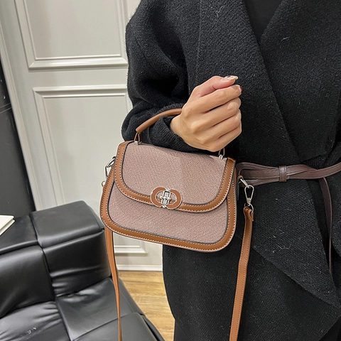 Borsa A Sella Donna Retro Colore A Contrasto Pelle PU Tela Splicing Borsa A Mano Borsa A Tracolla Fibbia In Metallo Tracolla Regolabile