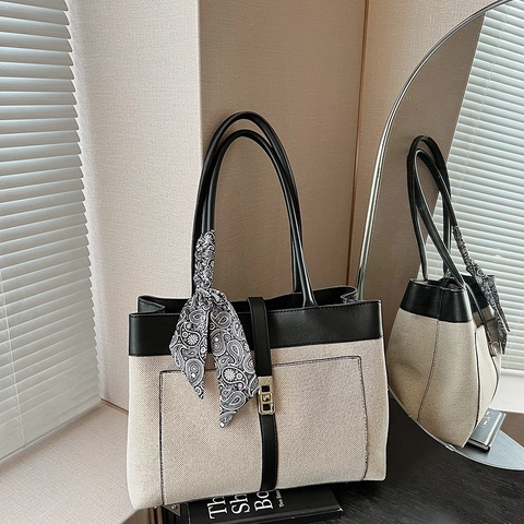 Borsa Tote In Tela Da Donna Con Rifiniture In Pelle A Contrasto Capiente Borsa A Tracolla Con Sciarpa Di Raso Decorativa