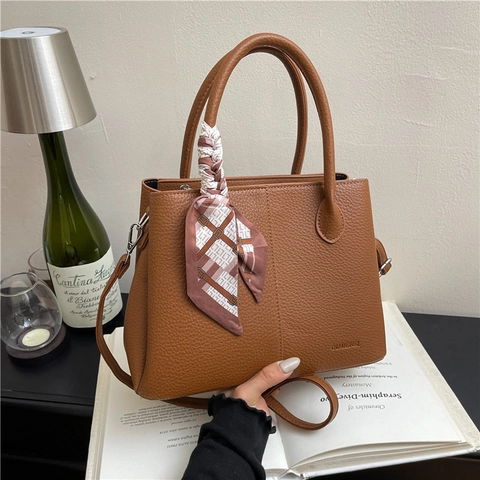 Women Fashion PU Leather Tote Bag Litchi Grain Crossbody Bag With Decorative Satin Scarf Large Capacity Commuting Handbag