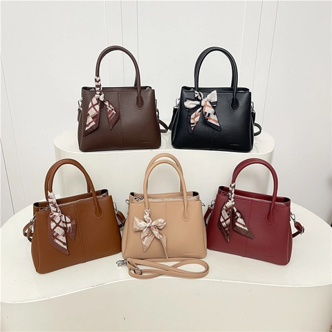 Women Fashion PU Leather Tote Bag Litchi Grain Crossbody Bag With Decorative Satin Scarf Large Capacity Commuting Handbag