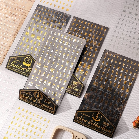 Retro Alfabet Nummers Stickers Waterdicht PET Goud Zilver Folie Scrapbooking Dagboek DIY Decoratieve Labels Vintage Stijl