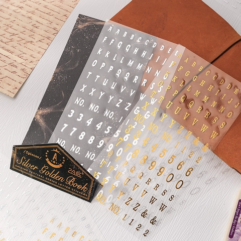 Retro Alfabet Nummers Stickers Waterdicht PET Goud Zilver Folie Scrapbooking Dagboek DIY Decoratieve Labels Vintage Stijl