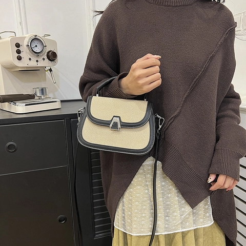 Borsa a Sella Vintage da Donna Borsa a Mano in Pelle PU con Giuntura a Contrasto e Tracolla Regolabile Borsa a Tracolla