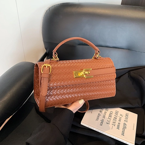 Women Woven PU Leather Crossbody Handbag With Gold Metal Lock Vintage Fashion Shoulder Bag For Daily Travel
